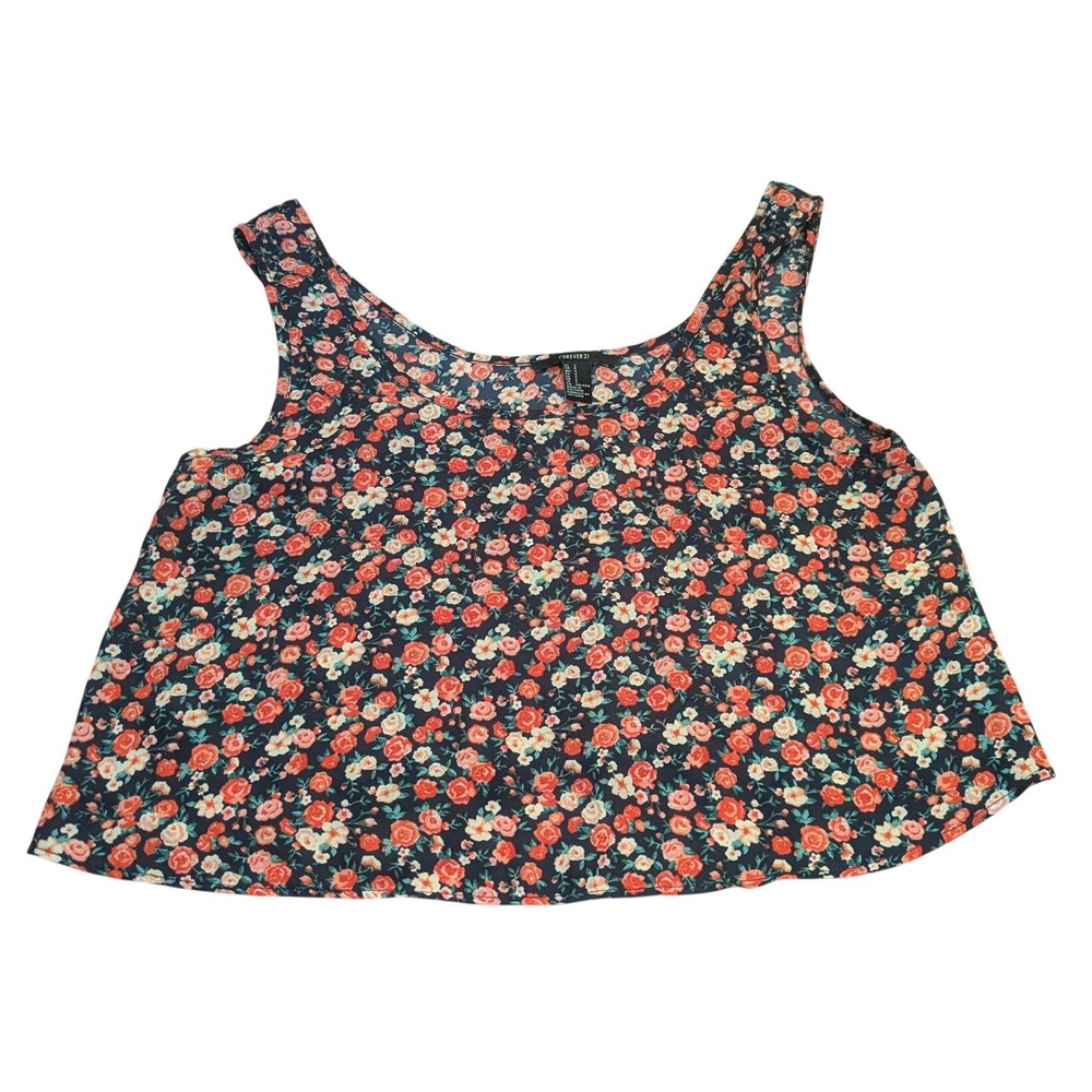 Forever 21 Womens Small Floral Crop Tank Top Navy Blue Coral Rose Scoop Neck